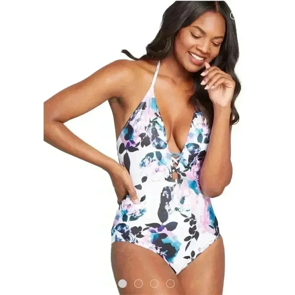 ModCloth Floral One Piece High Waisted Plunging Neckline Size Small NWOT